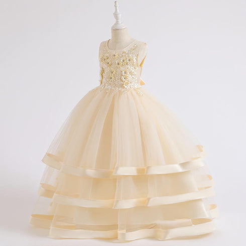 Flower Princess Dress Lace Beaded Multi-Layer Satin